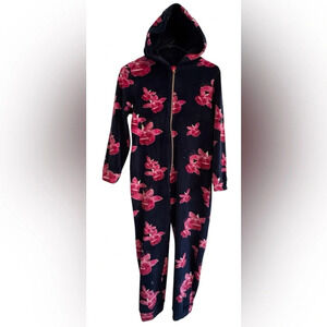 Ted Baker Super Soft Navy Blue Pink Floral Zip One Piece Hooded Pajama Sz 11-12